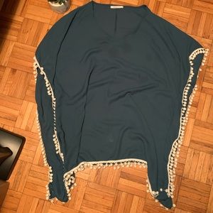 Hippie Western Style Poncho Teal Green with Tassels